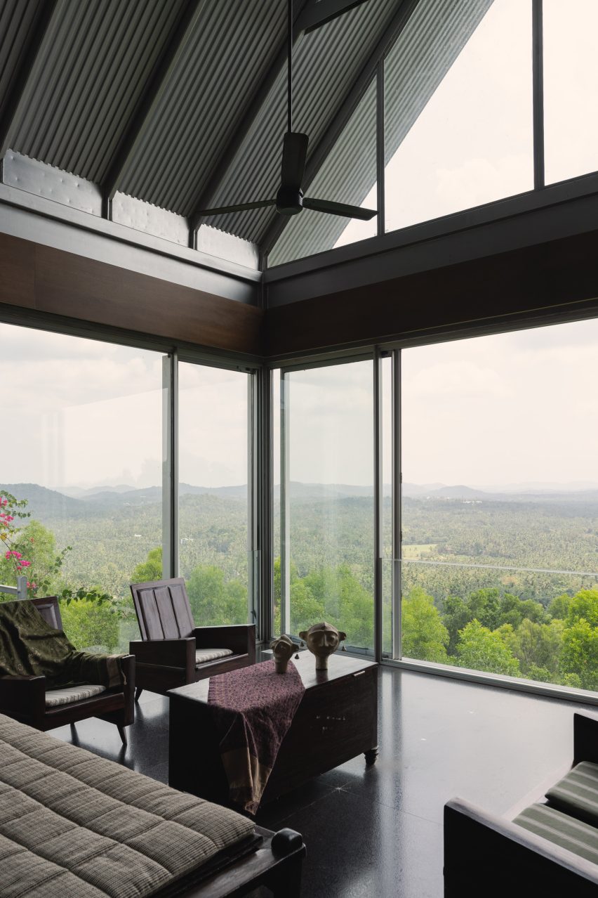 Ushas farmhouse living room interior with mountain views