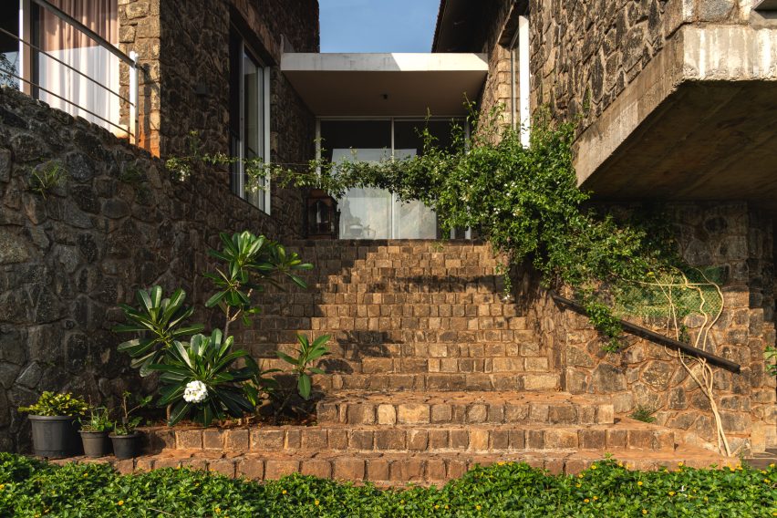Granite steps leading to the entrance of Ushas farmhouse
