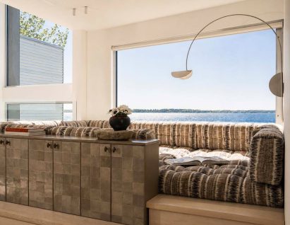 A large lounge area overlooking Lake Michigan