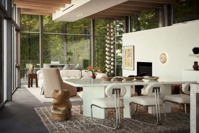 A Kelly Farley sculpture creates a focal point in a living and dining area