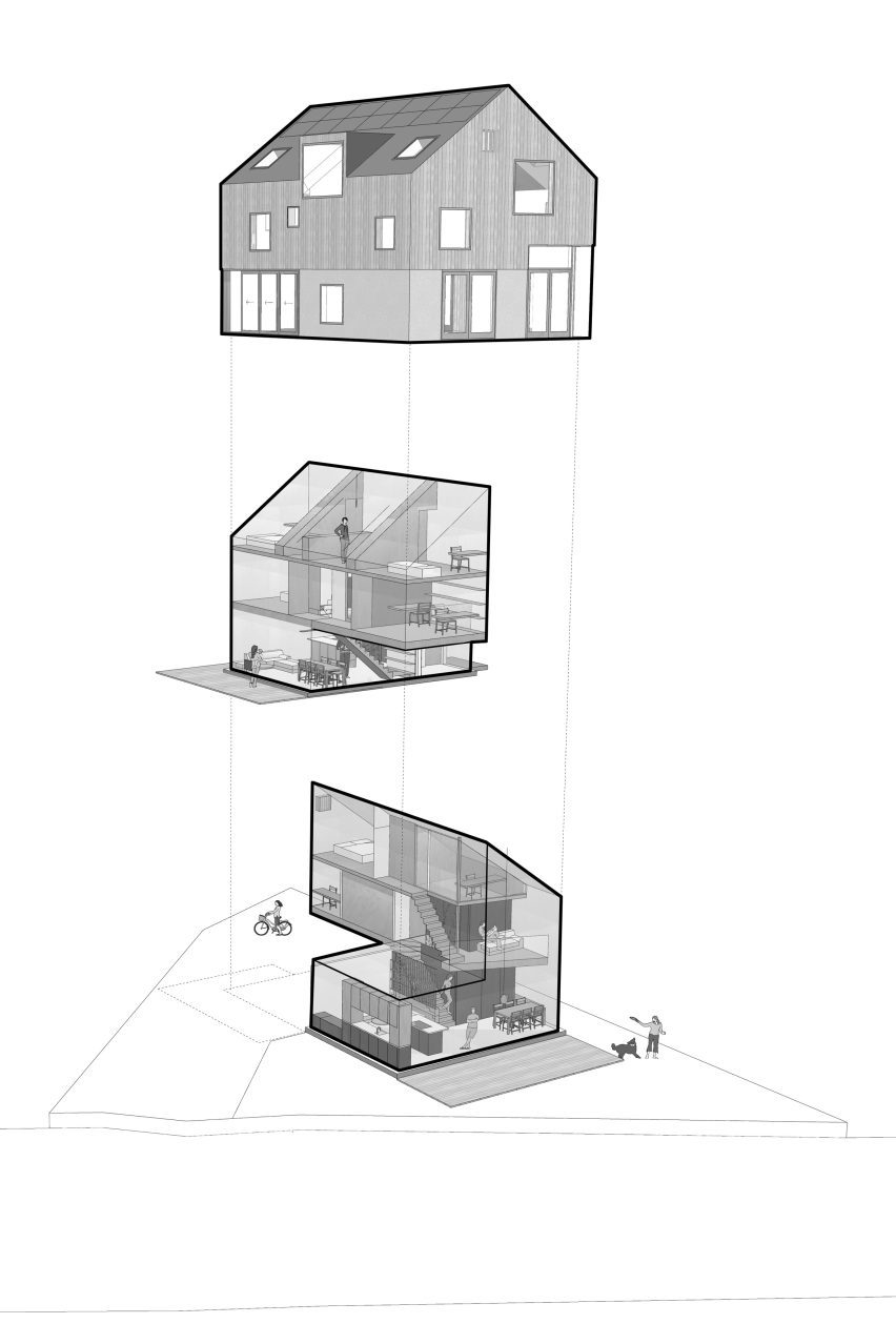 Axonometric of CoHouse in Cothen by Woonpioniers
