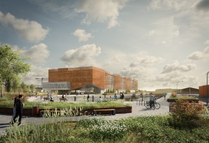 Render of a professional hub for architects, featuring meandering walkways and green space