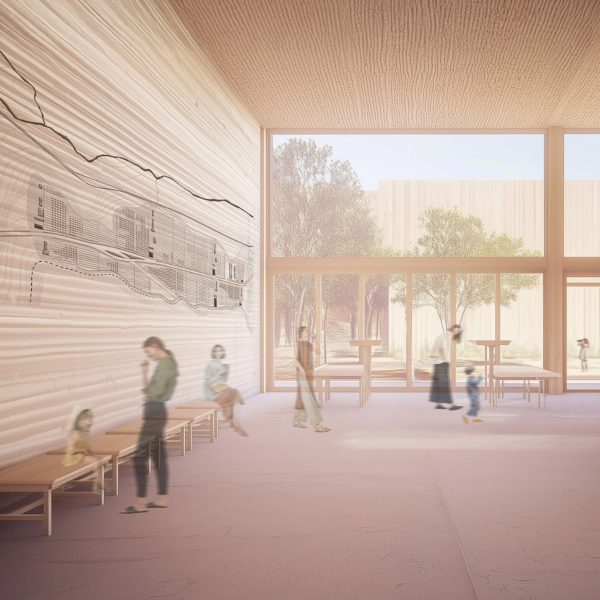 Interior render of people in a community centre with a feature wall and wooden benches. There is a large window looking out onto trees.