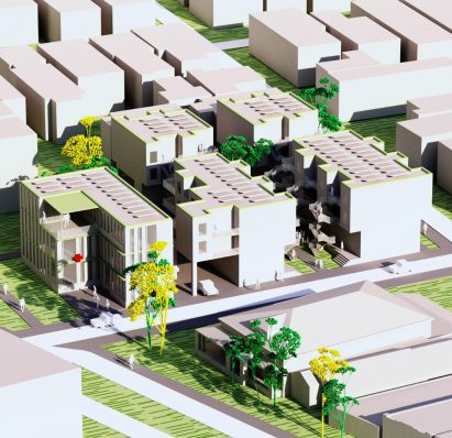 Architectural render of urban buildings.