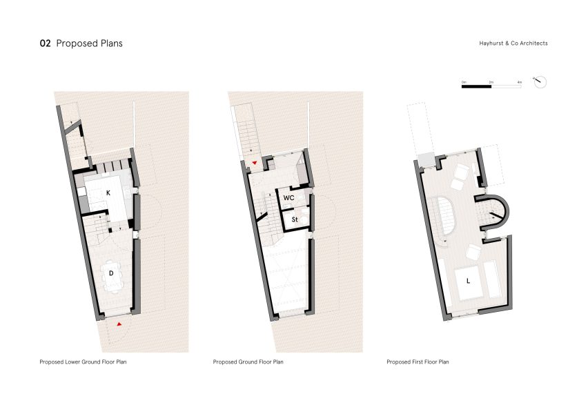 Hampstead Town House lower ground, ground and first floor plan by Hayhurst and Co