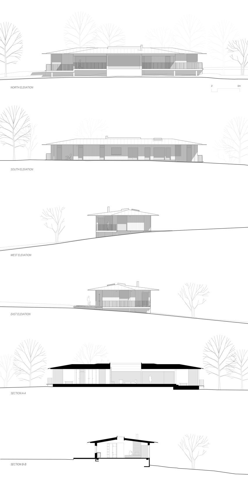 Elevations and sections of Pine House by Johan Sundberg Arkitektur