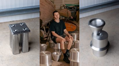 Portrait of and metalwork designs by Marc Sweeney