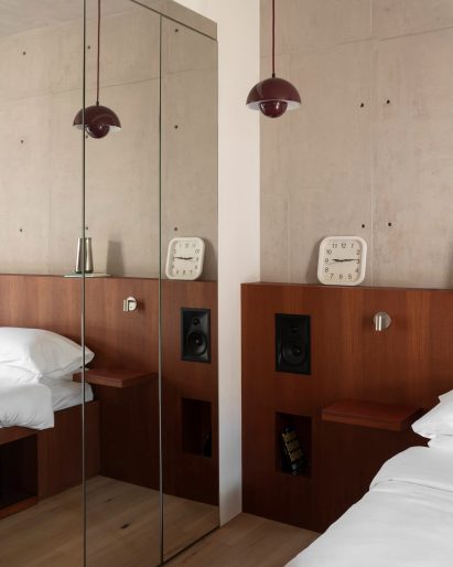 A headboard featuring an integrated sound system