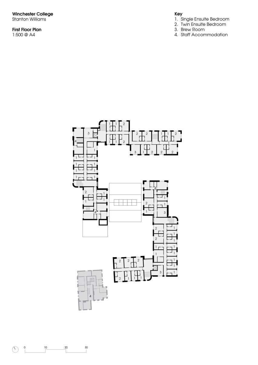 First floor plan of Winchester College boarding house by Stanton Williams