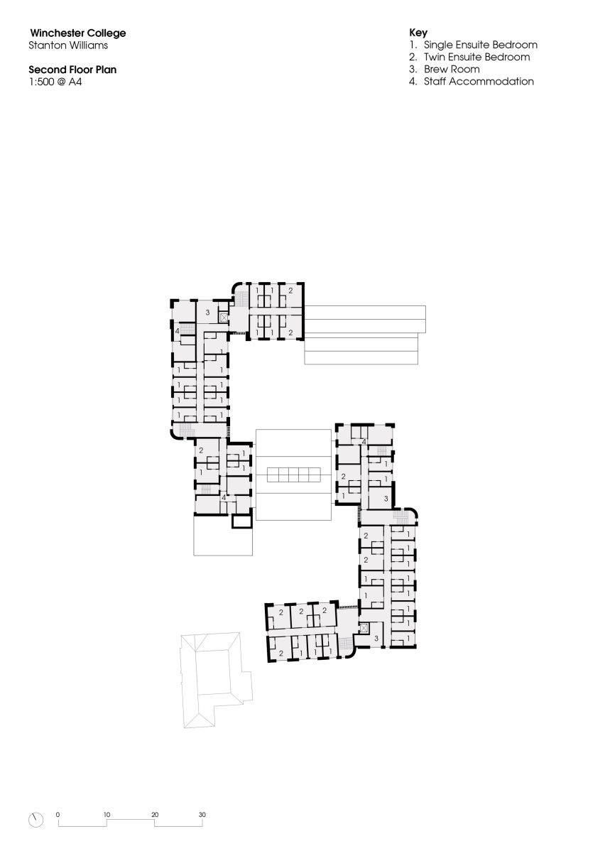 Second floor plan of Winchester College boarding house by Stanton Williams