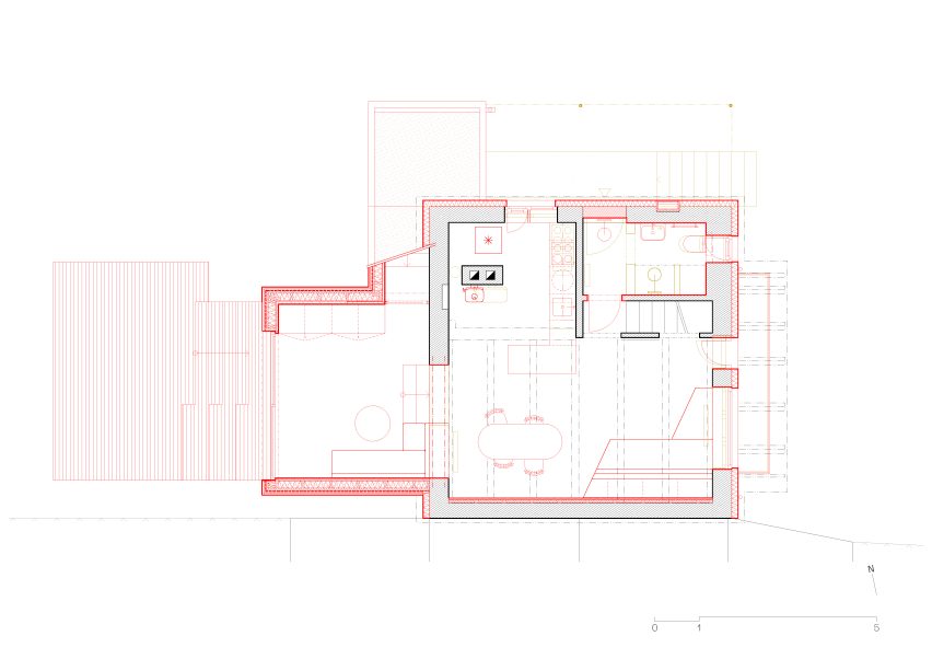 Ground floor plan for House with a Red Addition by Facha Architekti