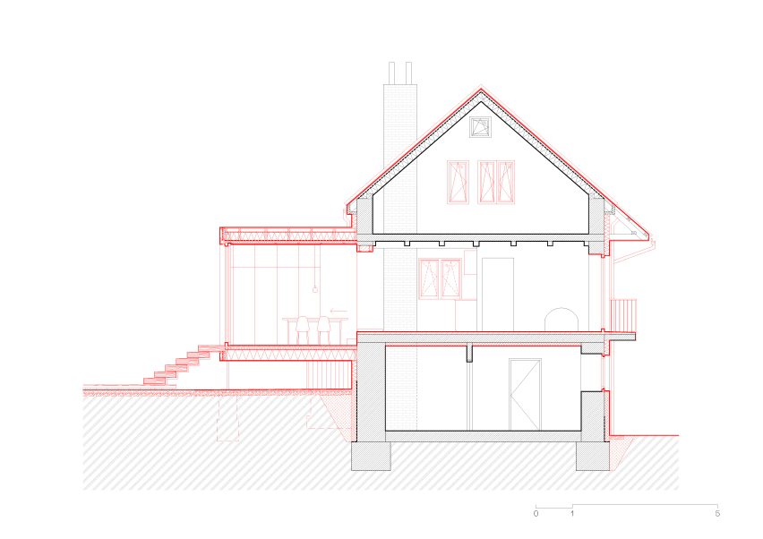 Section plan for House with a Red Addition by Facha Architekti