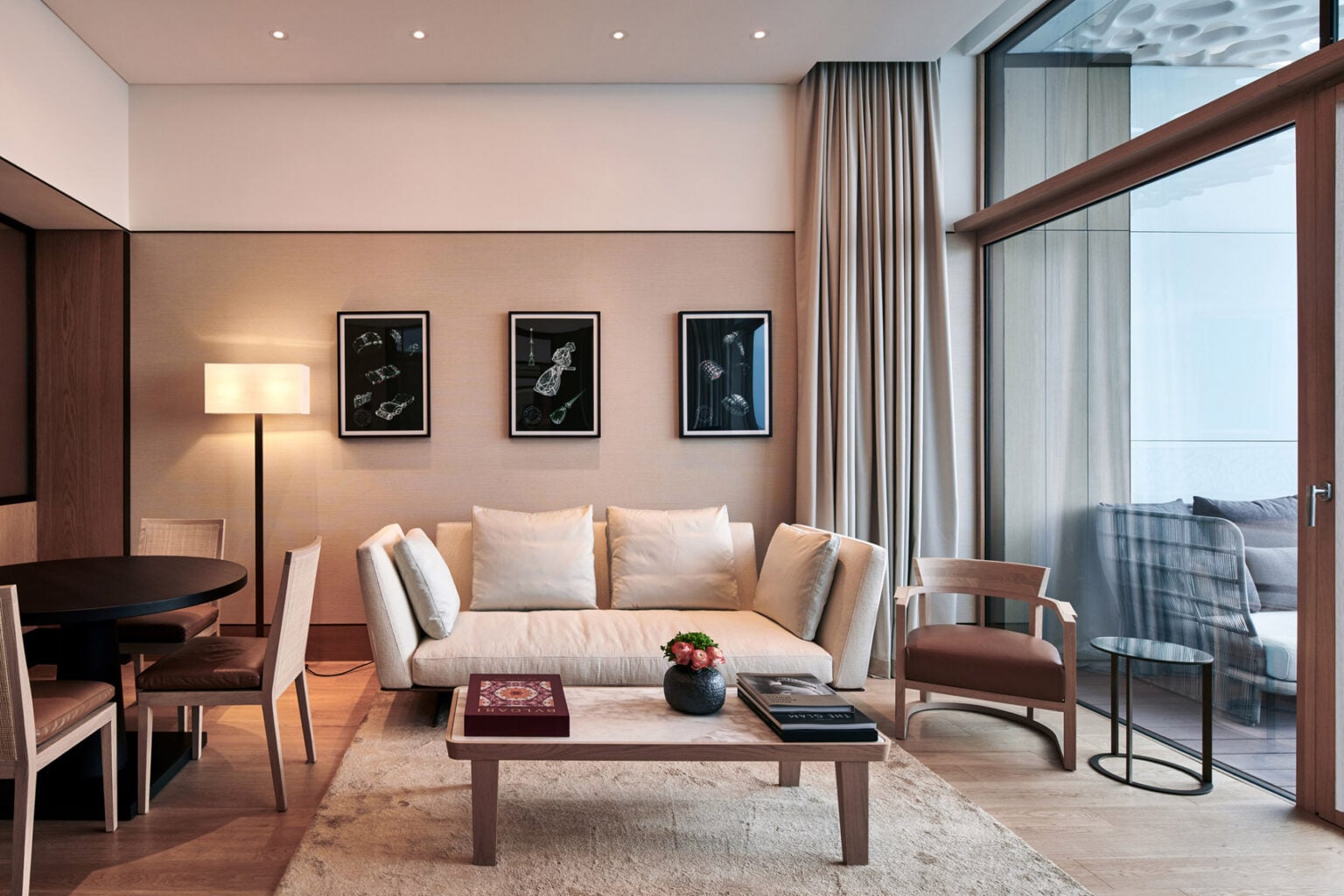Timber Cladding Connection Carminati lift-and-slide windows frame Dubai skyline at Bvlgari Hotel ...