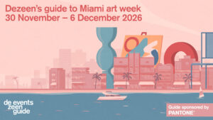 Abstract illustration of Miami skyline with text