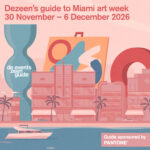 Abstract illustration of Miami skyline with text