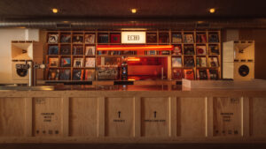 Bar made from shipping crates in ECHO listening bar in Rotterdam