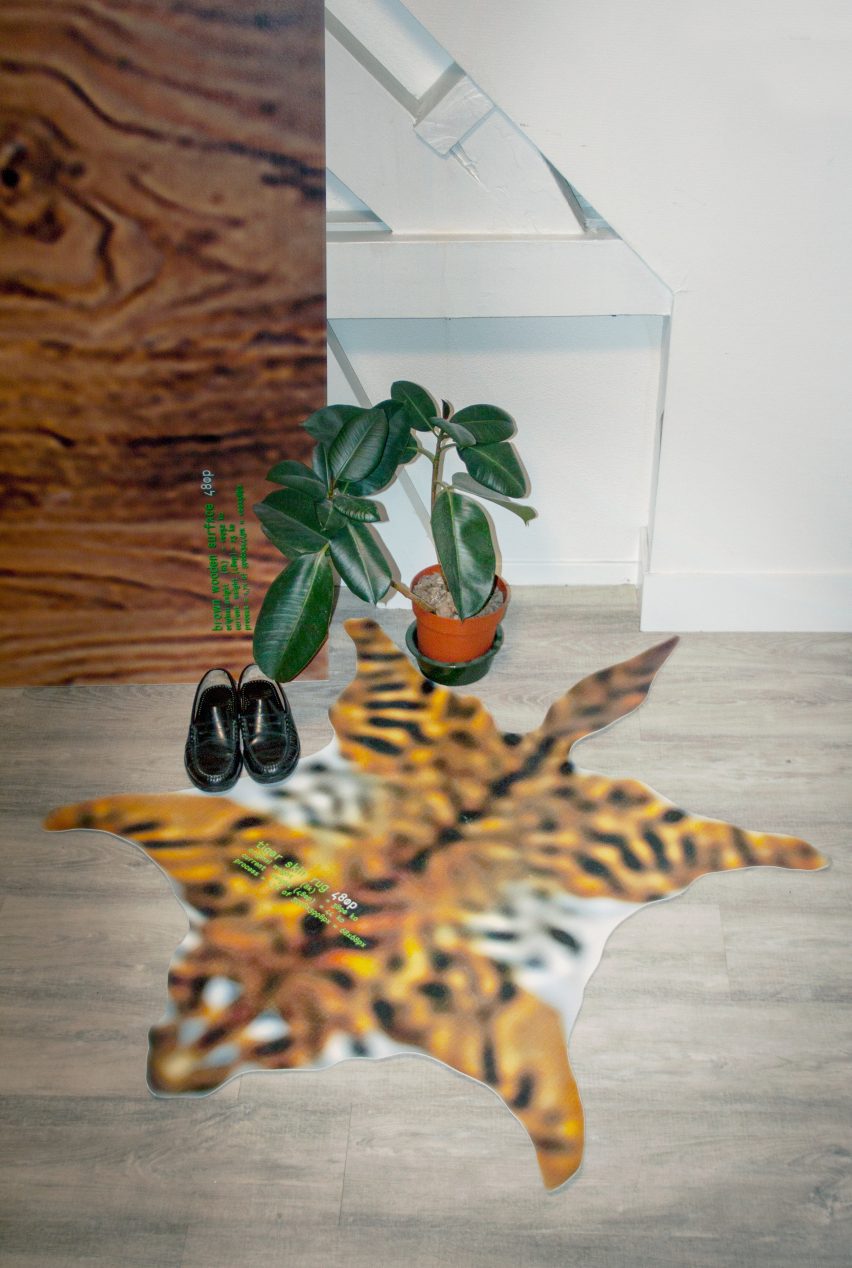 Blurry tiger-skin style rug on wooden floor with plant