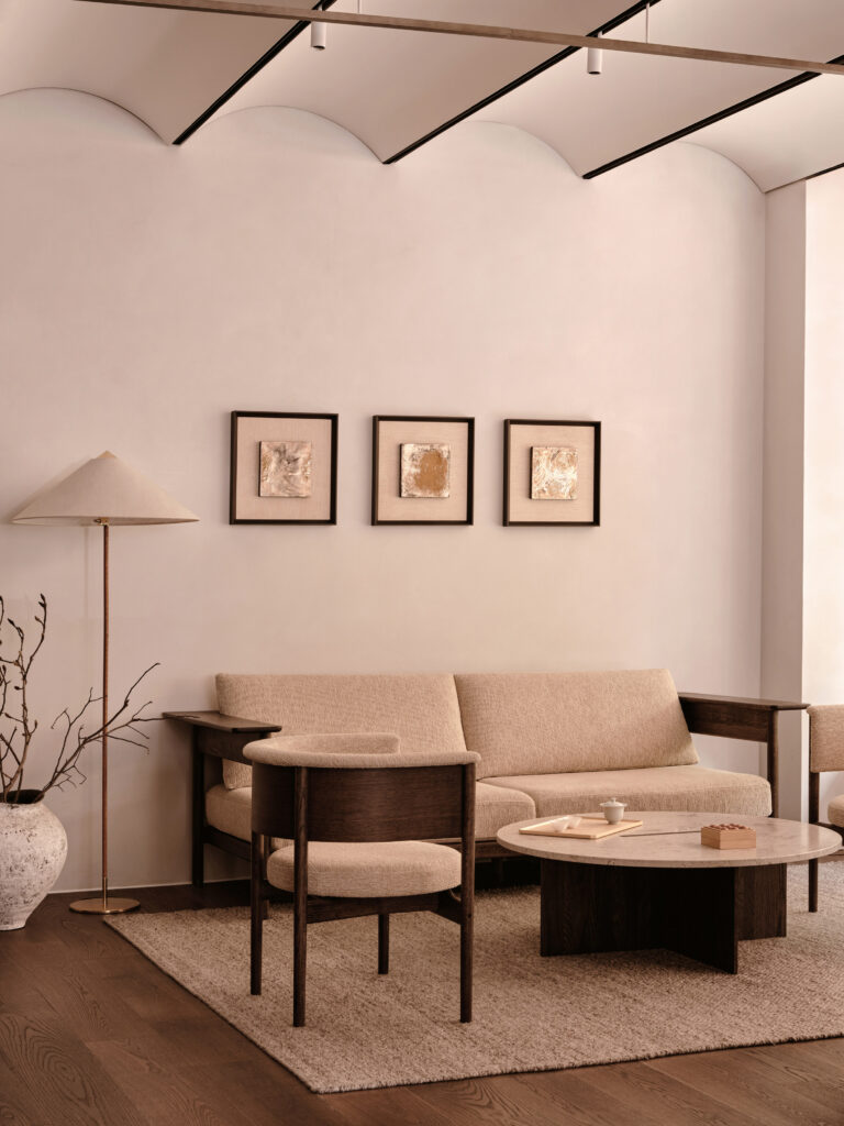 Bright cafe with white sofa