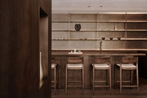 Seats at wooden counter