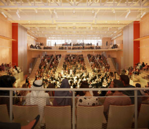 Interior render of Youth Orchestra Abu Dhabi by Frank Gehry